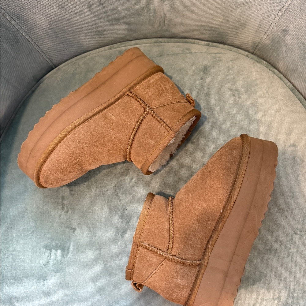 Tan Suede Platform Ankle Boots with Plush Lining